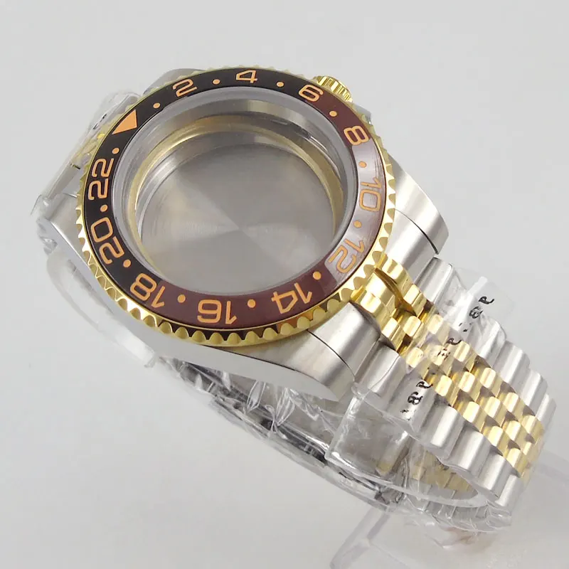 

Two Tone God Coated 40MM Watch Case Jubilee Bracelet Sapphire Glass Fit NH35 NH36 ETA MIYOTA No Magnifier Ceramic Bezel Insert