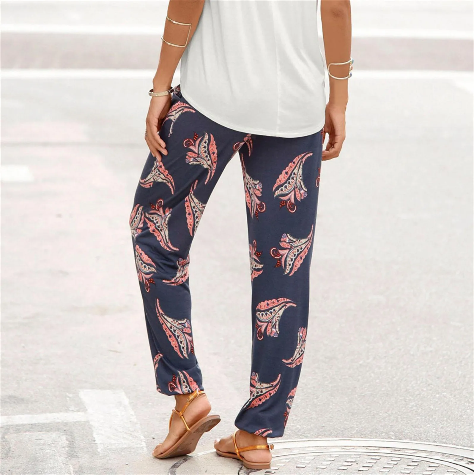 

40# Bohemian Wide Leg Pants For Women Elastic Waist Beach Pockets Pants For Girls Geometric Printing Trousers Woman Clothes