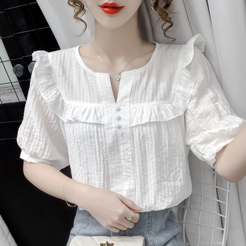 

#4727 White Khaki Casual Blouses For Woman 2021 Womens Tops And Blouses O Neck Spliced Ruffles Sexy Ladies Blouse Short Sleeves