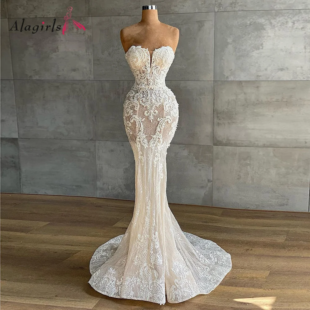 

Mermaid Lace Ivory Wedding Gown 2021 Spaghetti Straps Simple Wedding Dress Sleeveless Wedding Dresses For Bride robe de mariée