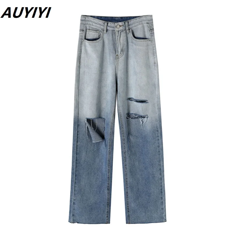 

AUYIYI 2021 Gradient Ripped Jeans Women Summer Thin Section High Waist Loose Fashion Design Wide Leg Pants High Street Ins Tide