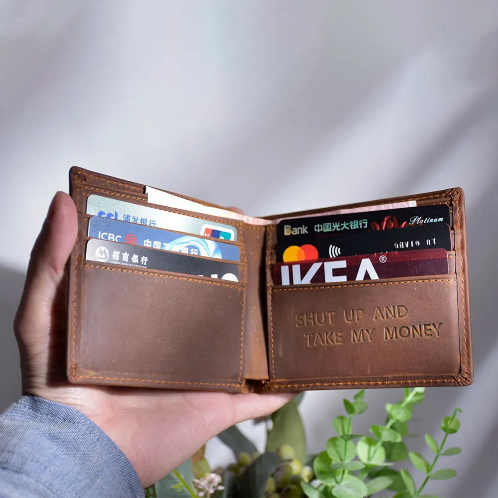 

Leather Wallet "SHUT UP AND TAKE MY MONEY" Engraved Genuine Card Holder Money Clips For Men Creative Gift Coffee Retro Style