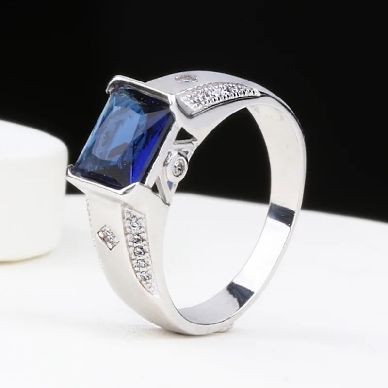 

Luxury Men Ring 925 Sterling Silver SAPPHIRE Wedding for Bridegroom Engagement Jewelry Accessories Rhinestone Ring for Party