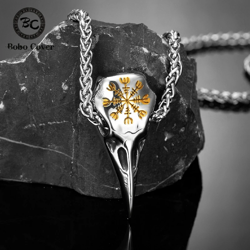 Ожерелье с черепом в скандинавском стиле золотым компасом и вороной амулет из