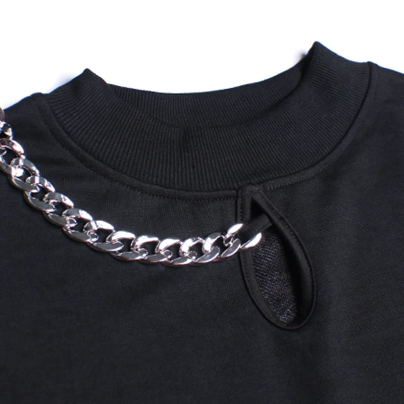 

CHICEVER Black Sweatshirts For Women O Neck Long Sleeve Patchwork Chains Hollow Out Designer Sweatshirts Pullovers Female 2020