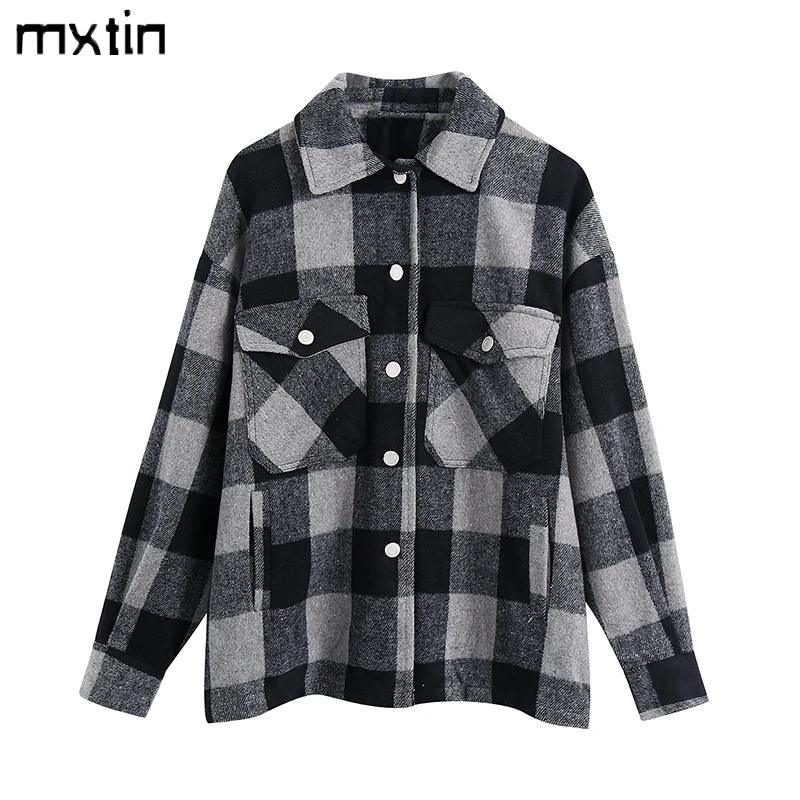 

2021 Women Autumn Vintage Plaid Pockets Jacket Coat Fashion Lapel Collar Single Breasted Office Lady Female Outerwear Tops Mujer