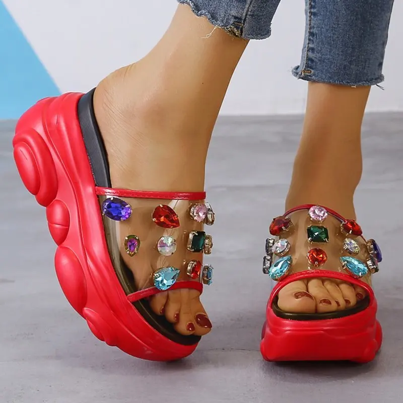 

On A Wedge Med Shoes Woman's Slippers Rubber Flip Flops Slides Platform Fashion 2021 Hawaiian Glitter Luxury PU Basic Fabric