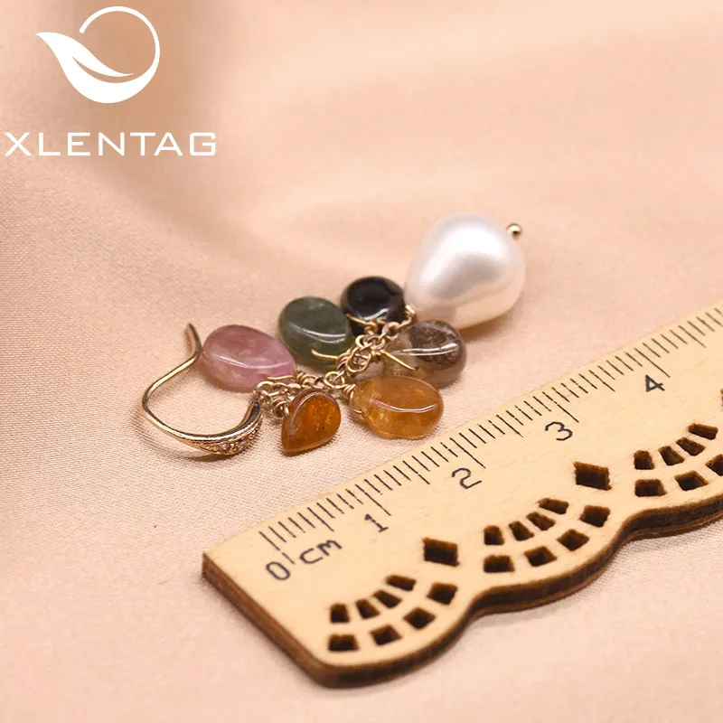 Женские серьги-подвески XlentAg с натуральным жемчугом и турмалиновым кристаллом в