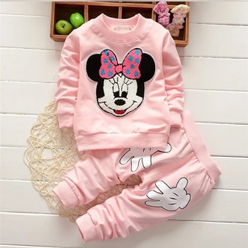ST009-Pink Комплекты одежды для маленьких девочек новые весенние хлопковые комплекты одежды с Минни Маус для девочек детская одежда с длинными рукавами и вышивкой для детей возрастом от 1 года до 3 лет - Цвет: ST009-Pink