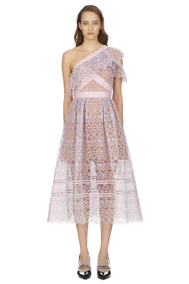 

[LIVIVIO] Hollow Out Lace Floral Off the Shoulder A-Line Midi Dresses Women Summer Fashion Clothing