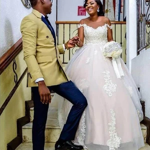 2020 Elegant Cheap A-Line Wedding Dresses Sheer Neck Applique Lace Tulle Bridal Gowns Off Shoulder Plus Size African Wedding