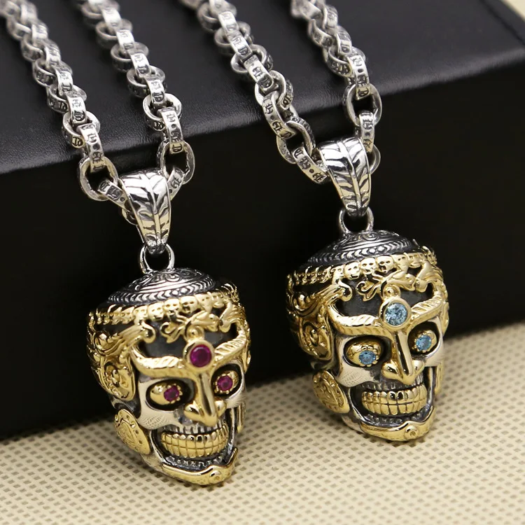 

S925 Sterling Silver Jewelry Inlaid Copper Zircon Skull Pendant Thai Buddha Statue Thai Silver Sweater Chain Pendant