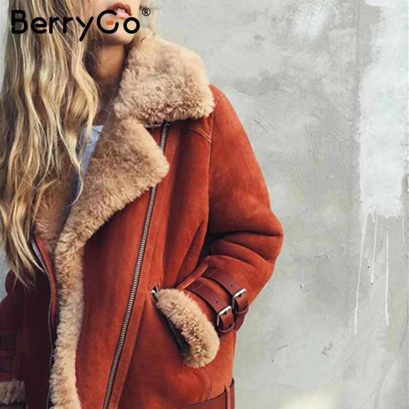 BerryGo уличная куртка из искусственной кожи, Женская мотоциклетная куртка из овечьей шерсти, куртка-бомбер, Зимняя Толстая теплая куртка размера плюс, верхняя одежда