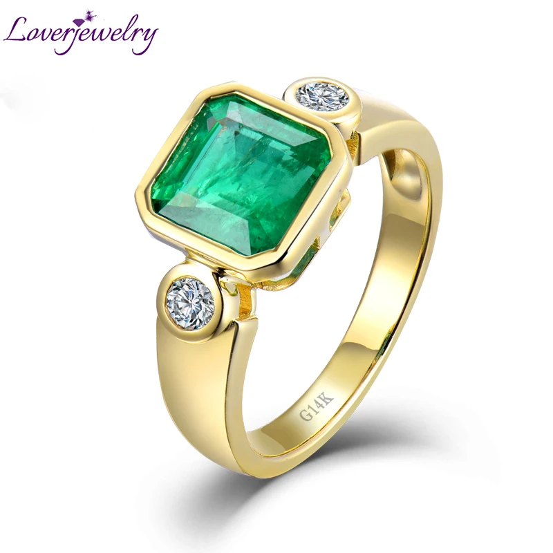 

LOVERJEWELRY Emerald Rings Mother Gift Solid 14Kt AU585 Yellow Gold Natural Emerald Diamond Ring For Women Party Dresses Jewelry