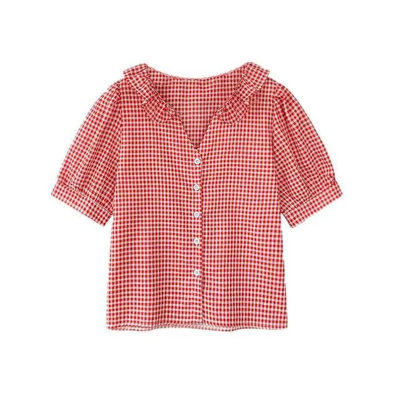 

Vintage Shirts Women Blouses 2020 Plus Size Plaid Shirt Short Sleeve Ruffled Collar Tops Casual Clothing Female Blusas Loose