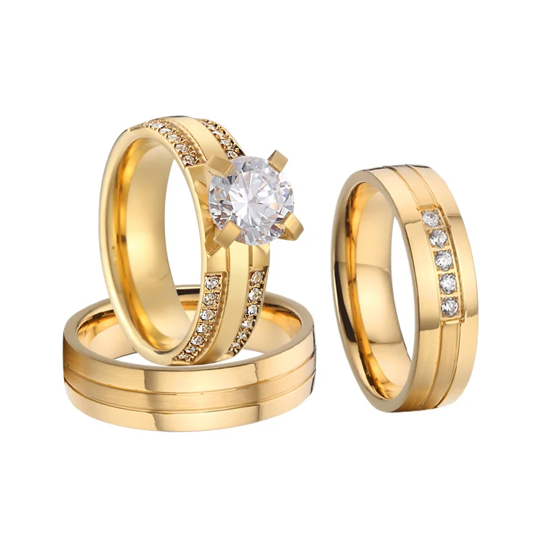 

3pcs engagement ring sets cz moissanite diamond Woman Men Marriage 18k Gold Plated Proposal wedding rings for couples