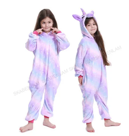Light Purple Stars Onesie/Детская Пижама кигуруми с единорогом; зимняя Пижама с пандой; Пижама с единорогом для мальчиков и девочек; Фланелевая пижама с животными для костюмированной вечеринки; одежда для сна с капюшоном - Цвет: Light Purple Stars