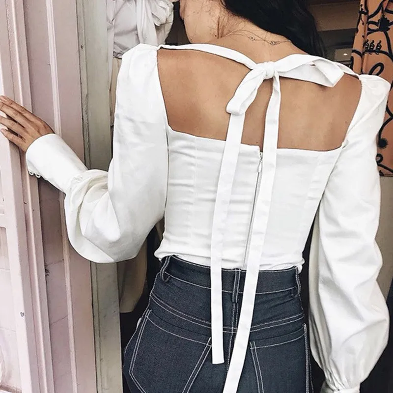 

Белая Туника с квадратным воротником, женская блузка, рубашка, женские элегантные летние сексуальные топы с пышными рукавами, женские офисн...