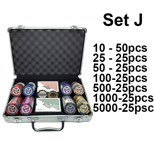 Set J Набор фишек для покера серии World, 200 шт., с дилером и все в комплекте, 2 пластиковые игральные карты и чемодан, 40*3,4 мм, 14 г - Цвет: Set J
