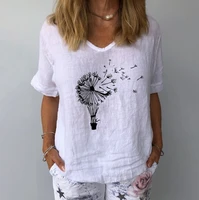 summer cotton and hemp tops womens dandelion print short sleeve t shirts casual v neck pullovers top fashion street white tees