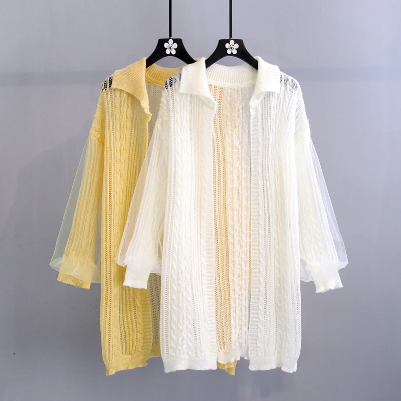 

Spring Summer Thin Knitted Cardigan Jacket Women Lace Splice Long Sunscreen Air-conditioned Shirt Long Sleeve Cardigan Tops H221