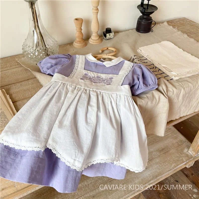 

2021 Summer Children's Wear Girls Short Sleeve Korean Thin Embroidery Fake Two Dresses