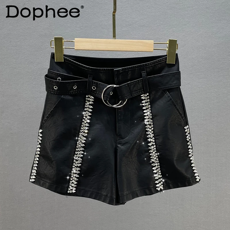 

Diamond Leather Shorts for Women OuterWear Bootcuts 2021 Autumn Winter New High Waist Slimming Belt Pu Black Shorts Hot Pants