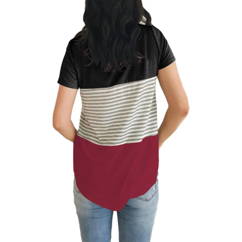 

Tops Women O-Neck Stitched Stripe Short Sleeve T Shirt Female Casual Fashion Summer Top mujer camisetas