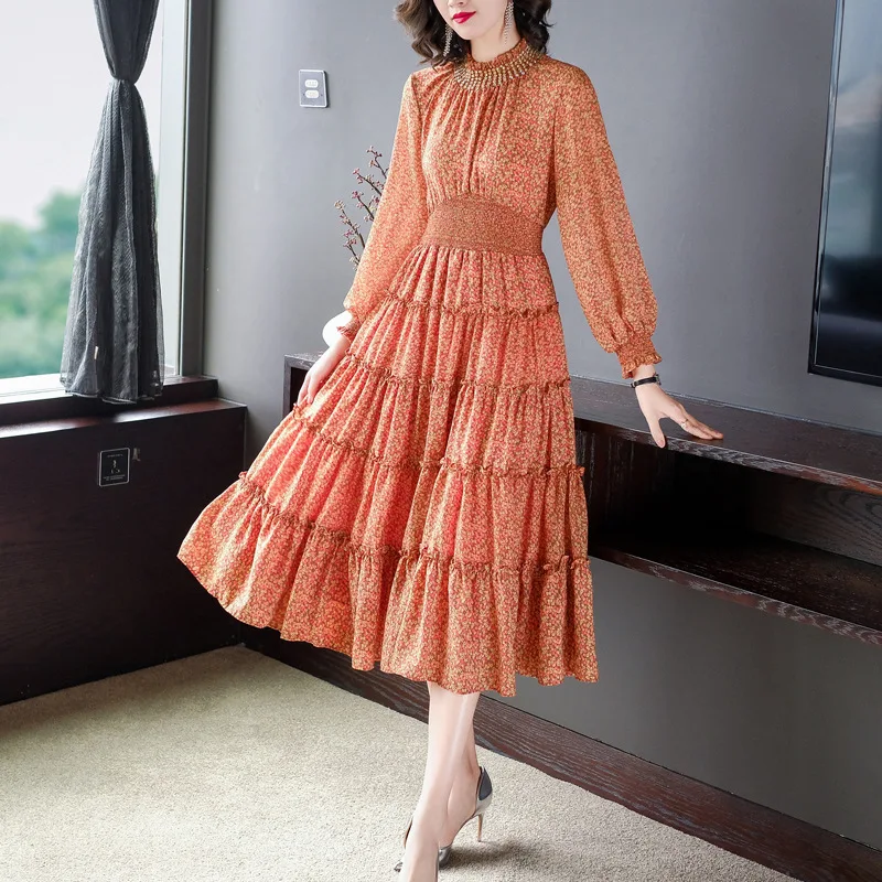 

Chiffon dress female spring and autumn new fashion retro slim printed dress large size M-3XL high quality and elegant vestidos