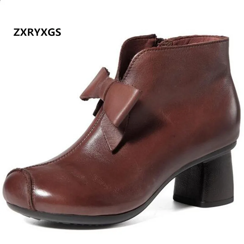 

Весна-осень, женские ботинки ZXRYXGS из 100% натуральной кожи, модные ботинки, новинка 2022, ботинки на толстом каблуке с бантом, женские ботинки