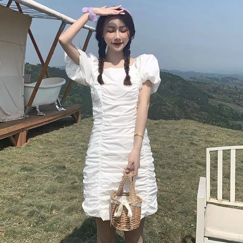 

Women's Spring Summer Dress Women's Puff Sleeve Square Neck Solid Color Korean Elegant Dress AA3233