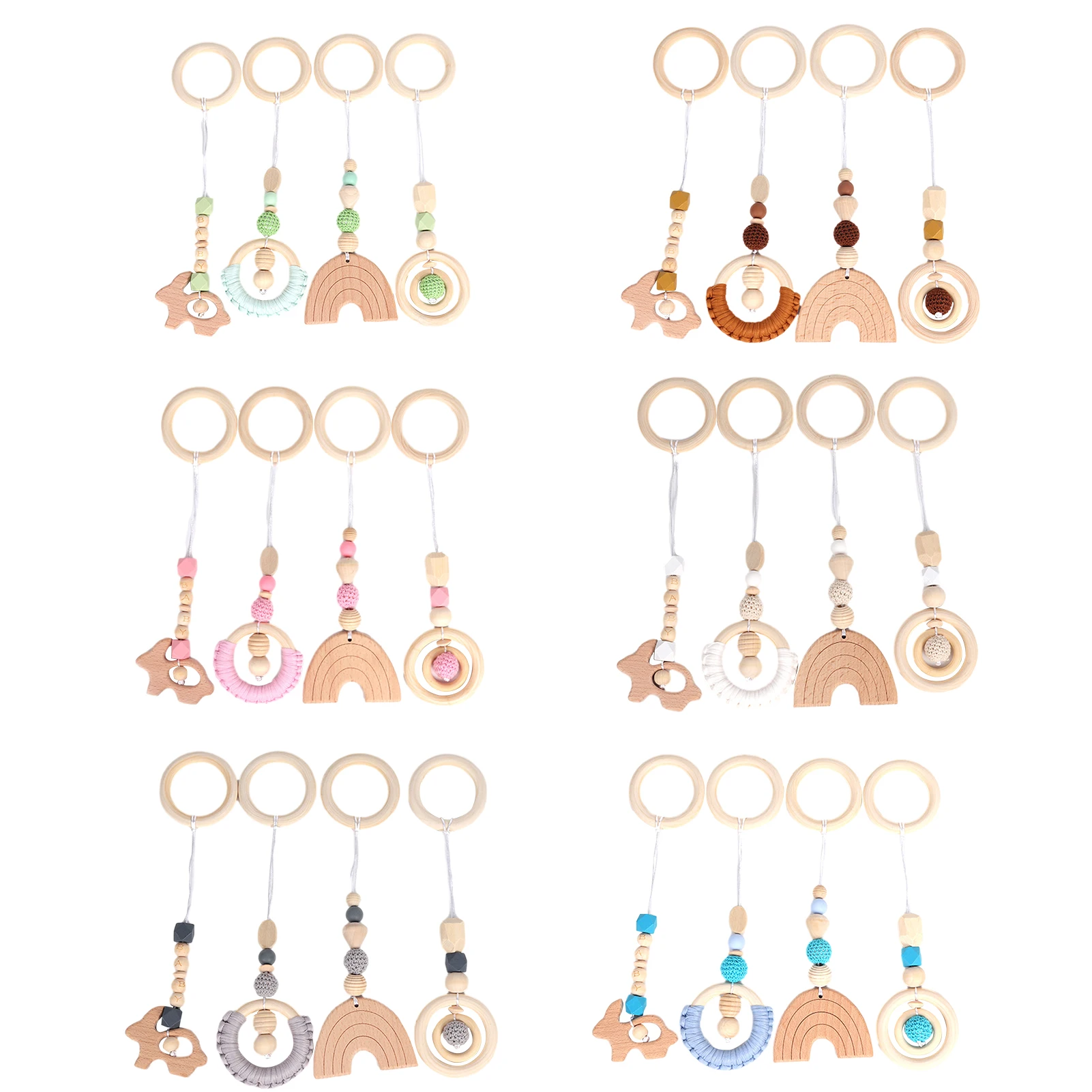 

4PCS Wooden Hanging Toy Set Safe Fitness Equipment Pendant Gym Frame Stroller Toys Teether Ring Nursing Rattle Toys Presents