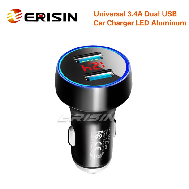 Erisin ES054 портативный 3.4A автомобильное зарядное устройство двойной USB LED 5V Al сплав