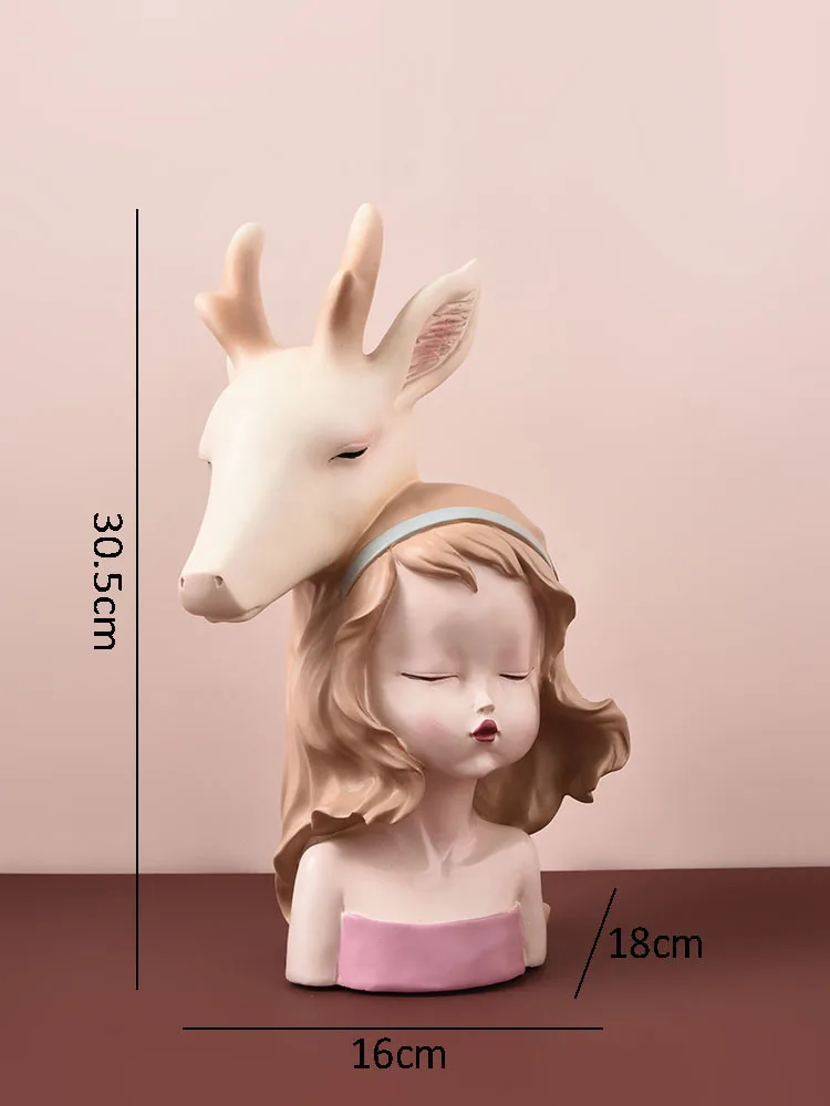 

Deer Head Girl Statue Fairy Garden Resin Portraits Figurine Home Decor Modern Crafts Lovely Statuette Girly Room Decoration