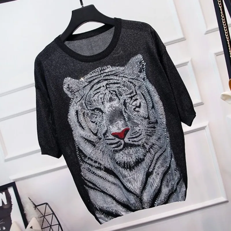 

Summer Clothes Women Two Piece Beading Animal Loose Short Sleeve Knitting Pullovers T Shirt Elastic Waist Pants Set Pink Outfit