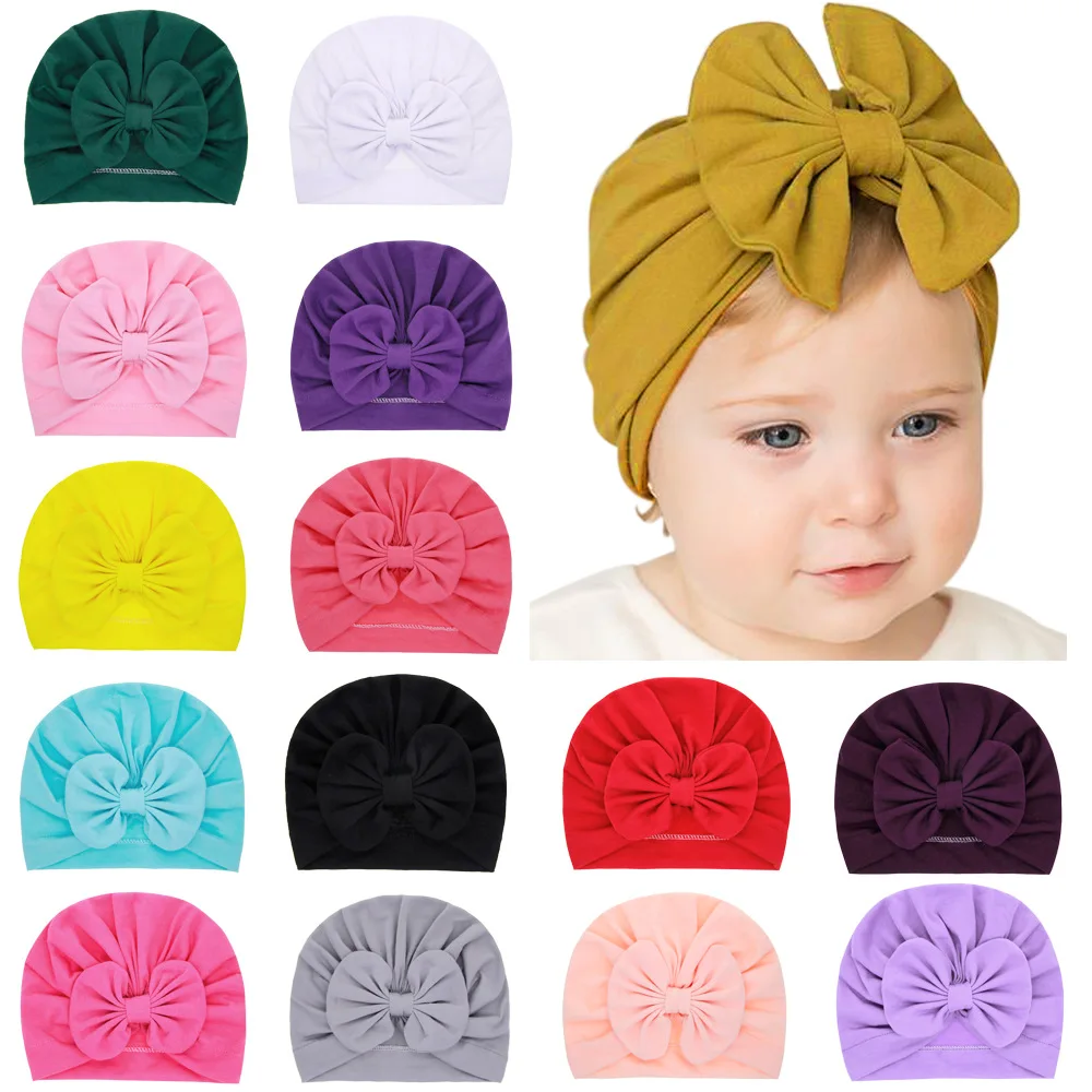 Baby Turban Newborn Solid Bowknot Hat Kids Headband Bow For Girls Cute Cotton Beanie Winter Warm Cap Hats Chirstmas Gift | Детская