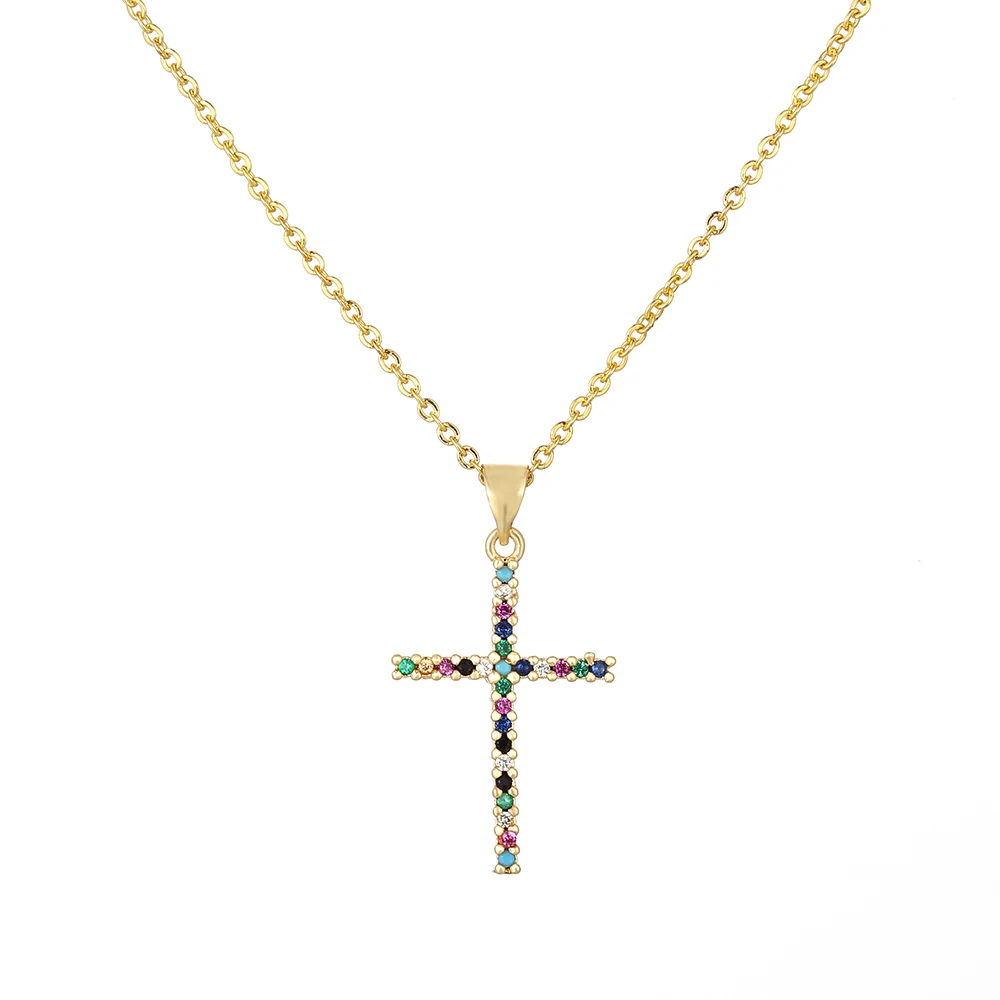 

Rainbow Cz cross Necklace Pendant Choker Colorful Copper snake chain Necklace Jewelry zircons Accessories gift for Women
