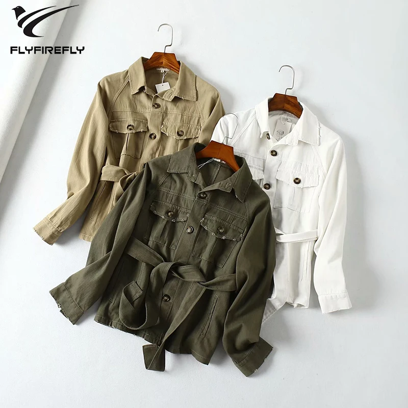 Осенняя винтажная Куртка карго цвета хаки женский ремень для верхней одежды