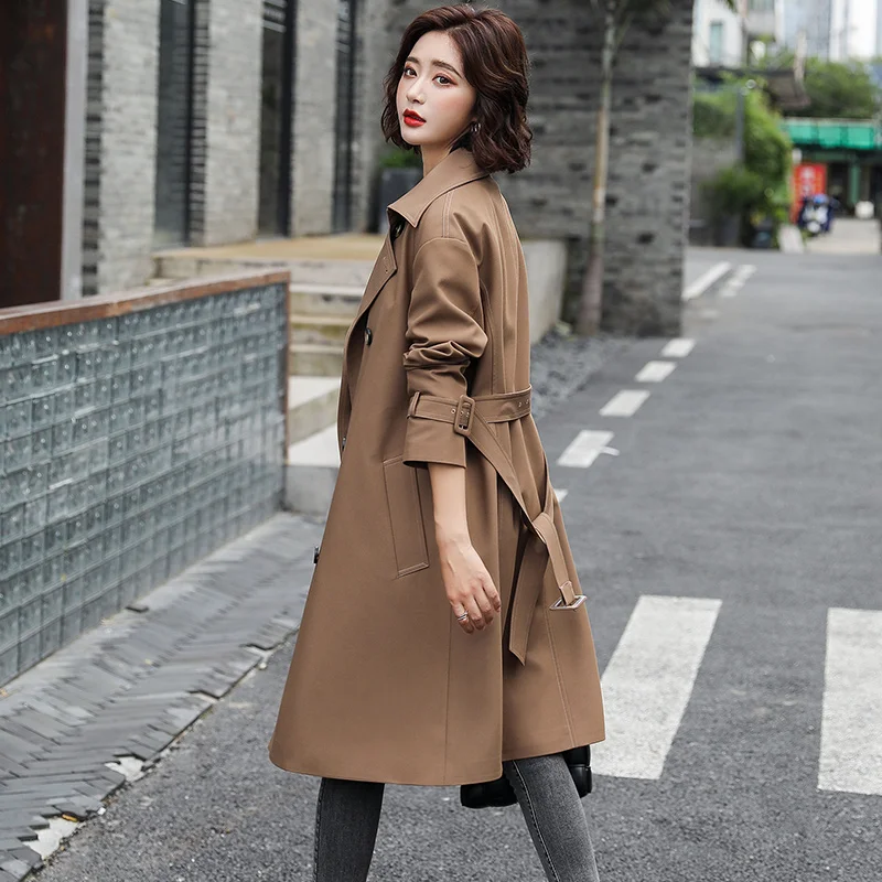 

2021 Spring New Khaki Windbreaker Coat Women's Middle Length Over Knee Fashion British Wind Waist Spring Coat