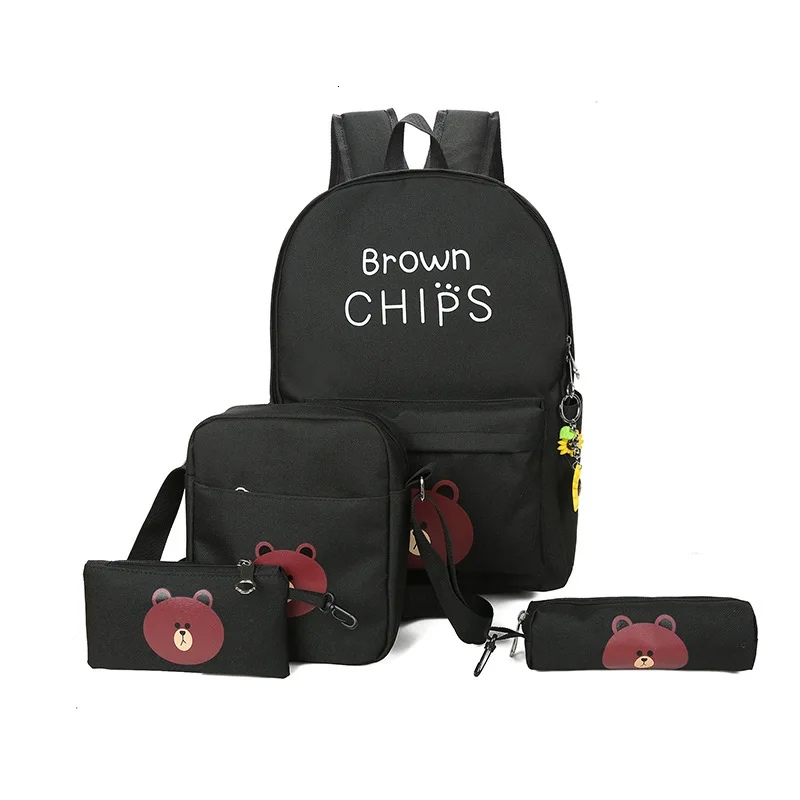 4pcs/set schoolbags Fashion bear printing school backpack Women travel shopping backpacks canvas student school bag for girls