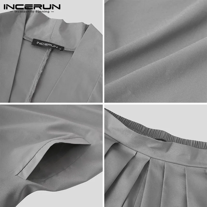

Solid Color Men Sets Vintage Open Stitch 3/4 Sleeve Casual Shirts Pleated Wide Leg Trousers 2021 Retro Men Suits INCERUN S-5XL
