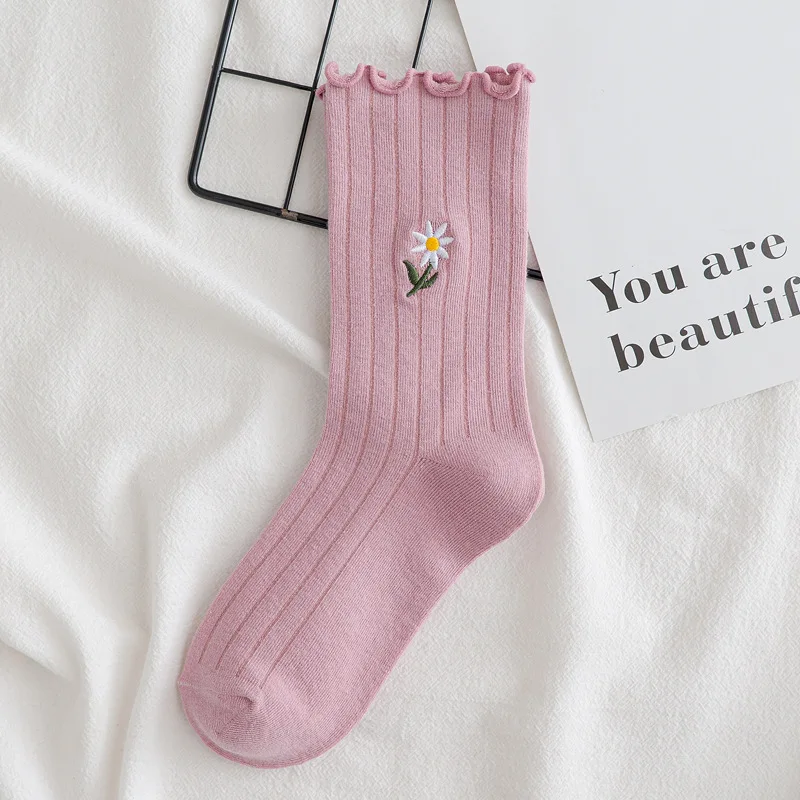 Осенне-зимние женские теплые хлопковые носки Preepy Look милые с цветочной вышивкой в