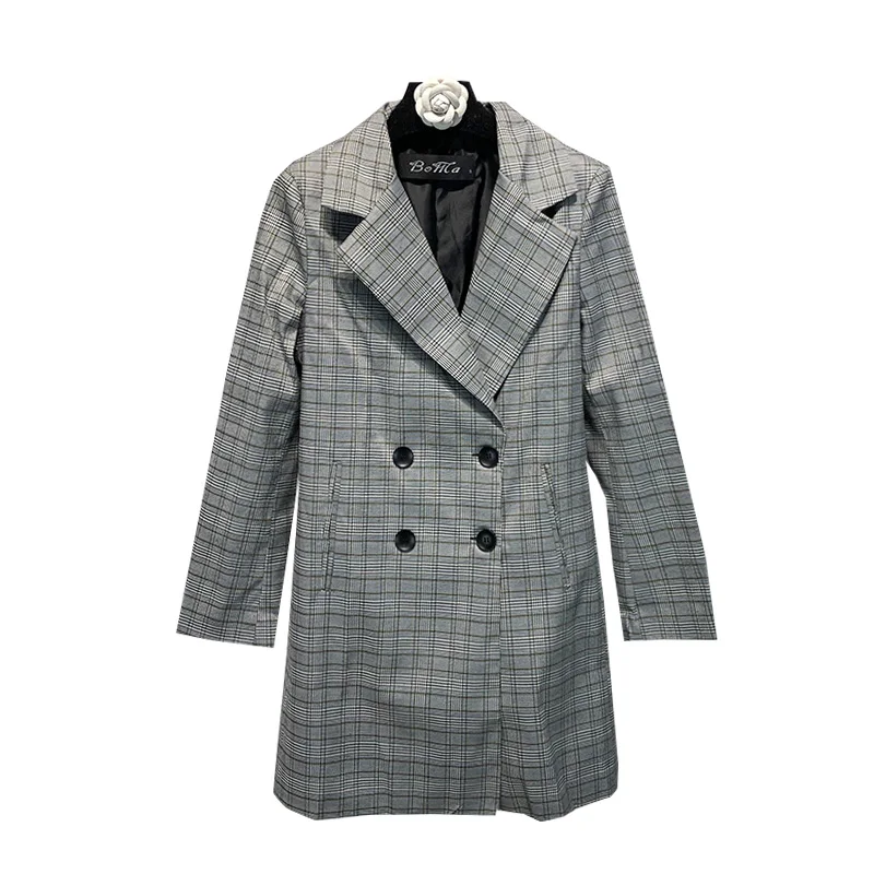

Europe Women Medium Long Plaid Blazer Double Breasted Female Coat L6901203