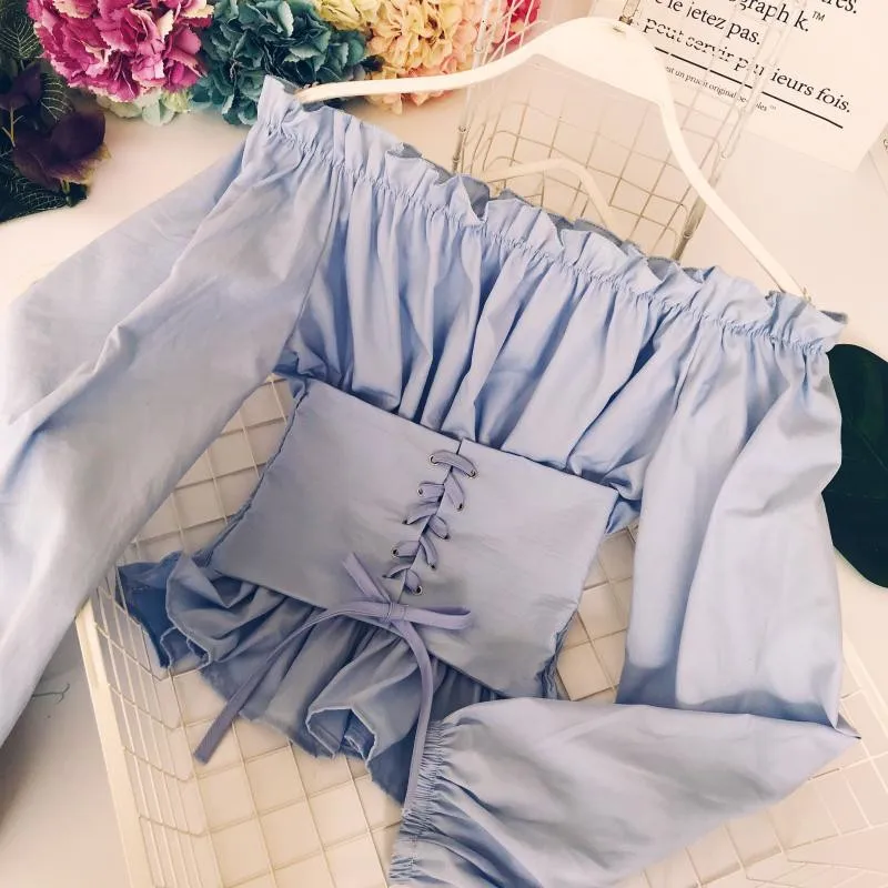 

2020 New Spring Autumn Women White Blouse Short Tops Sexy Tie Bow Slash Neck Blouses Female Long Sleeve Shirts Blusas AB1810
