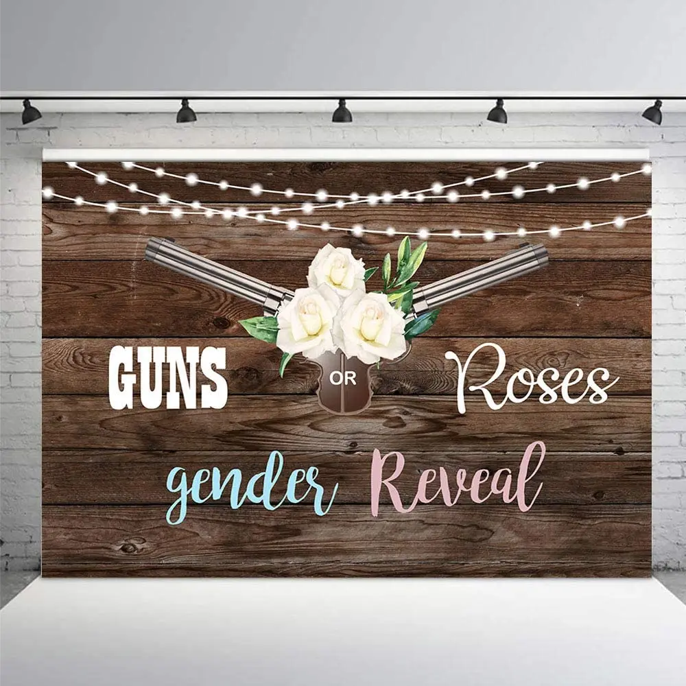 Guns or Roses Gender Reveal Party Photo Background Props Rustic Wood Glitter Lights Unisex Baby Shower Boy or Girl Backdrops