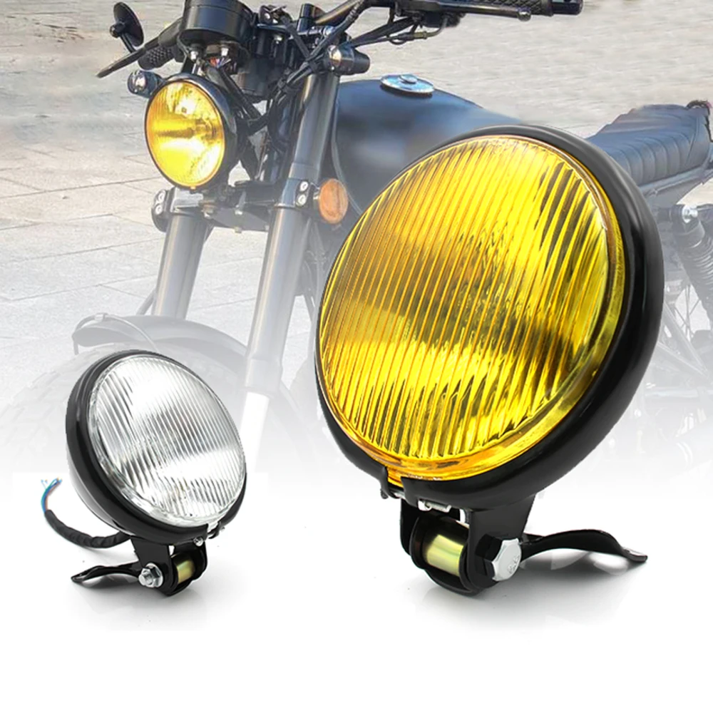 

Near And Far Fog Lamp Motorcycle Headlights LED GLASS Projector DC 12V Bracket Racer Retro Headlamp Mount Yellow Glass Harley