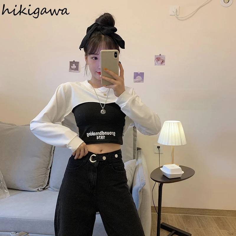

Hikigawa Women's Short Sweatshirts Korean Fashion Crop Tops 2021 Long Sleeve Japanese Hoodies Oversized Harajuku Solid Pullovers