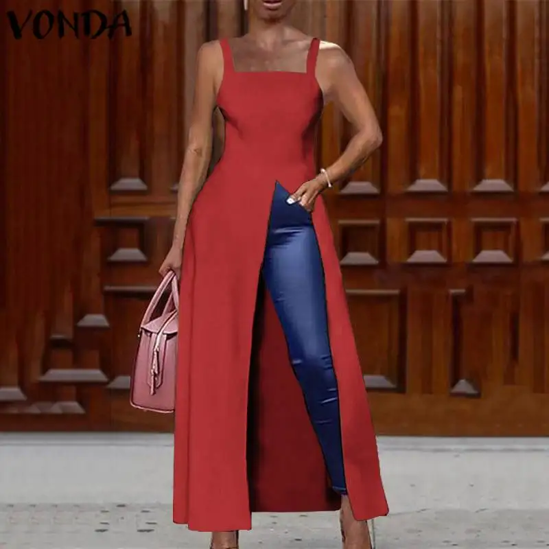 VONDA 2020 Сплит Свободные к низу блузки и топы женские сексуальные длинные рубашки