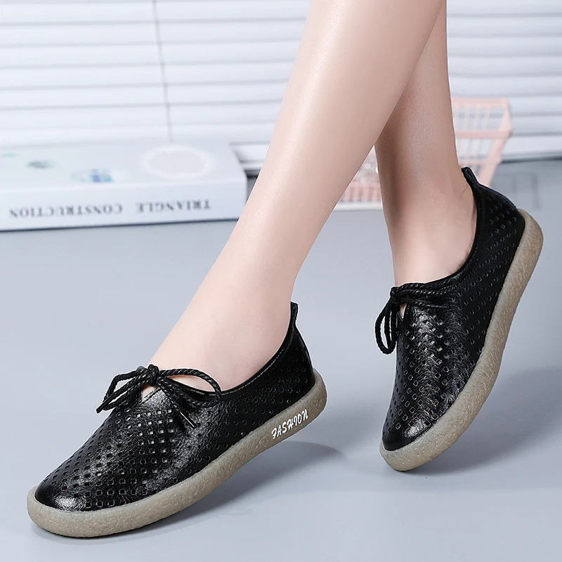 

Spring Women Genuine Leather Flats Women Platform Sneakers Creepers Cutouts Slip on Flats Moccasins Shoes Woman