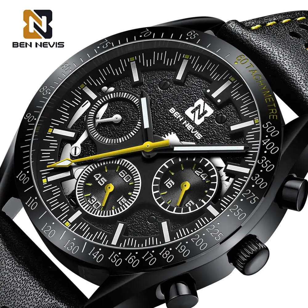 

BEN NEVIS Sport Watches 3 Dial Black Top Brand Luxury Chronograph Business Watches Genuine Leather Band Clocks Male